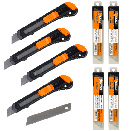 ZESTAW 4 X NÓŻ BUDOWLANY PLASTIKOWY 18 MM + 4 X OSTRZA ZAPASOWE 18 MM 10 SZT ZESTAW 4 X NÓŻ BUDOWLANY PLASTIKOWY 18 MM + 4 X OSTRZA ZAPASOWE 18 MM 10 SZT