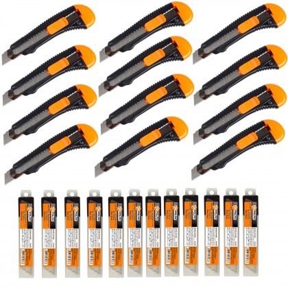 ZESTAW 12 X NÓŻ BUDOWLANY PLASTIKOWY WZMOCNIONY 18 MM + 12 X OSTRZA ZAPASOWE 18 MM 10 SZT ZESTAW 12 X NÓŻ BUDOWLANY PLASTIKOWY WZMOCNIONY 18 MM + 12 X OSTRZA ZAPASOWE 18 MM 10 SZT