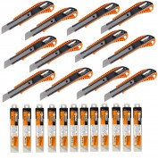 ZESTAW 12 X NÓŻ BUDOWLANY METALOWY Z AUTOMATYCZNĄ BLOKADĄ 18 MM + 12 X  OSTRZA ZAPASOWE 18 MM 10 SZT