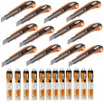 ZESTAW 12 X NÓŻ BUDOWLANY METALOWY Z AUTOMATYCZNĄ BLOKADĄ 18 MM + 12 X  OSTRZA ZAPASOWE 18 MM 10 SZT