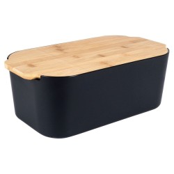 CHLEBAK Z BAMBUSOWĄ POKRYWKĄ DESKĄ pojemnik na pieczywo CZARNY 33x18,5x12 cm