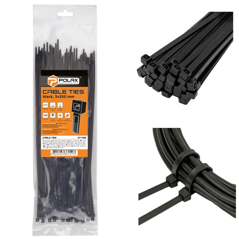 OPASKI ZACISKOWE TRYTYTKI CZARNE NYLONOWE OPASKA KABLOWA 3 x 250mm 100szt