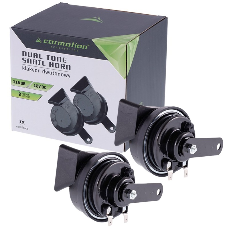 KLAKSON SAMOCHODOWY SYGNAŁ DZWIĘKOWY DWUTONOWY ŚLIMAKOWY 12V 118dB 2szt